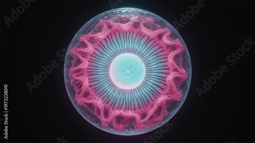3D illustration of a cell with pink and blue structures inside a transparent sphere