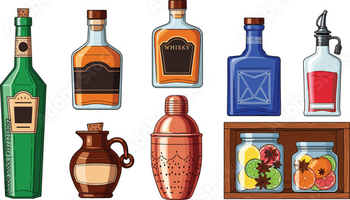 Premium Bar Accessory Icon Set Featuring Whiskey Bottles, Wine Decanter, Copper Cocktail Shaker, and Infused Fruit Jars for Pub and Restaurant Design.