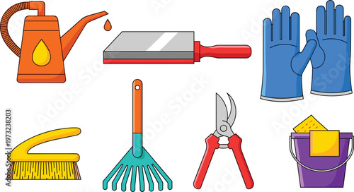 Professional Gardening and Cleaning Tool Icon Set Featuring Watering Can, Blue Rubber Gloves, Garden Rake, Pruning Shears, Scrub Brush, and Plastic Bucket.