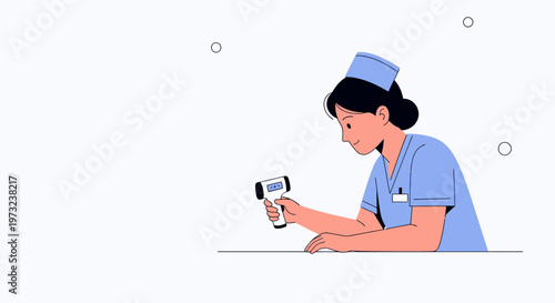 Nurse checking temperature with infrared thermometer, medical concept, flat illustration
