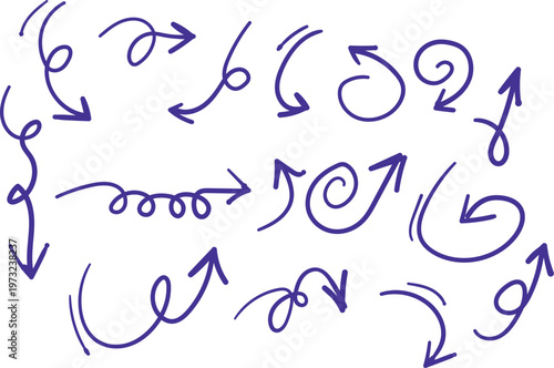 Collection of blue hand drawn arrows and swirls