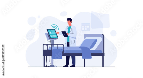 Doctor using tablet and futuristic medical monitor in hospital room with bed