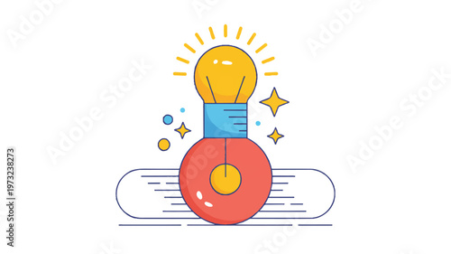 cartoon light bulb with magnet and stars on white background