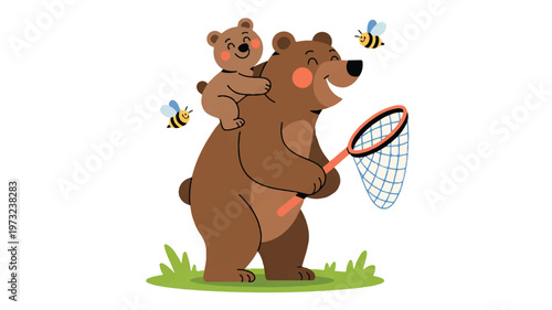 cartoon illustration of a bear and a cub catching bees with a net outdoors