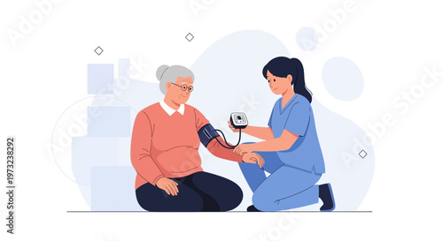 Nurse checking elderly woman's blood pressure, healthcare concept illustration