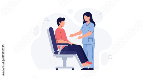 Doctor examining patient sitting in a medical chair, healthcare concept illustration