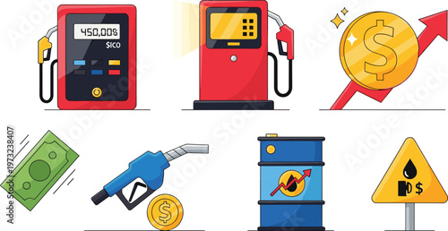 Rising Fuel Prices and Oil Market Inflation Icon Set Featuring Gas Pumps Petrol Nozzles Oil Barrels and Financial Growth Arrows for Economic Design