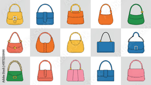 collection of various colorful handbags on gray and white squares