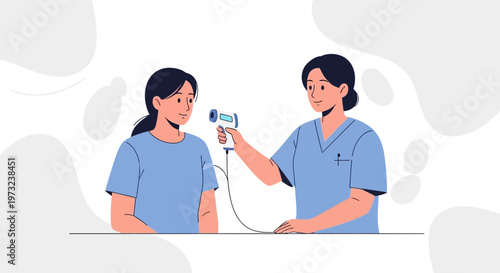 Nurse takes patient's temperature with infrared thermometer, healthcare concept