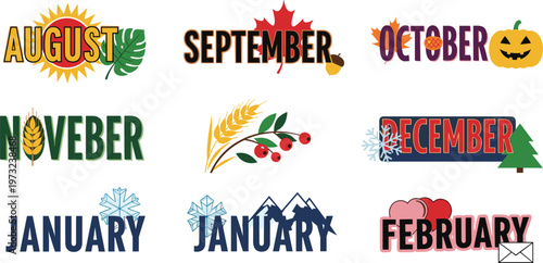 Seasonal Monthly Calendar Name Typography Set with Illustrated Icons for August, September, October, November, December, January, and February Holiday Decorations