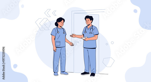 Two doctors in blue scrubs standing at a doorway, one gesturing welcomingly.