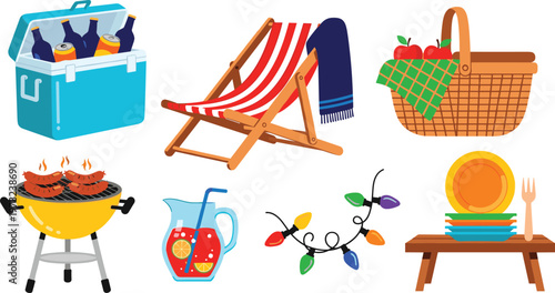 Summer Picnic and Outdoor BBQ Party Icon Set Featuring Cooler Box, Beach Chair, Picnic Basket, Grill, Cold Drinks, and Festive Lights.