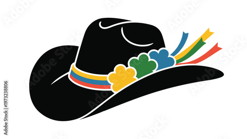 Colorful cowboy hat with flowers and ribbons on white background