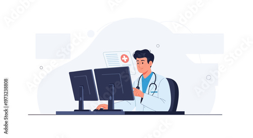 Doctor working on computer with medical records and stethoscope