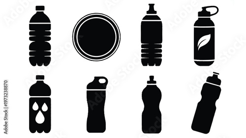Black silhouettes of various water bottles and a plate on white background