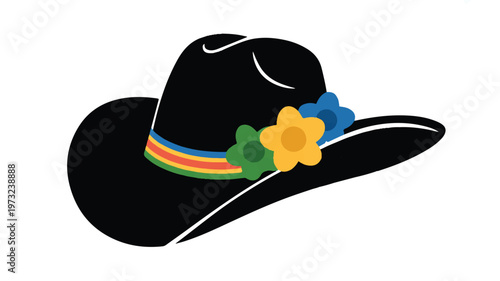 Colorful flowers on a black cowboy hat with rainbow band