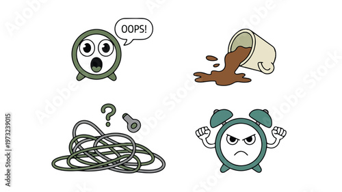Cartoon alarm clocks with different emotions and a spilled coffee cup
