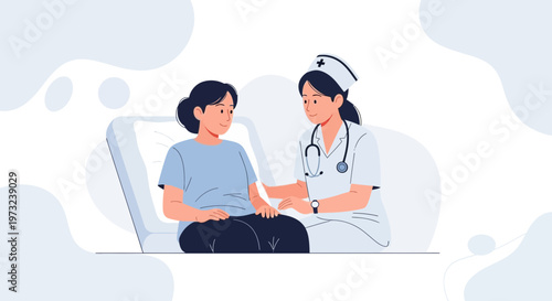 Nurse comforting patient in hospital bed, healthcare, medical care, empathy, support