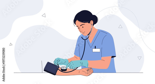 Nurse checks patient's blood pressure with stethoscope and sphygmomanometer illustration