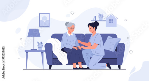 Nurse caring for elderly woman at home, home care, medical support, compassion