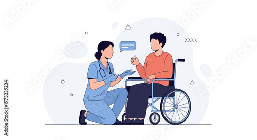 Nurse caring for patient in wheelchair, medical consultation, support, healthcare concept