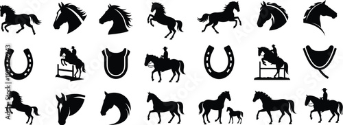 silhouette horse icons set. animal, equestrian, riding, hoof, farm vector illustration