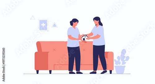 Two women exchanging a house model, symbolizing real estate, home ownership, or moving.