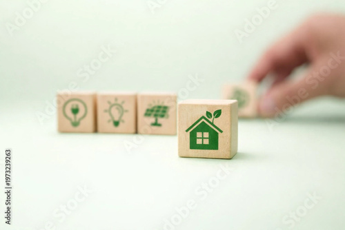 Green Sustainable Energy Growth and Conservation Step Plan with Wood Blocks.