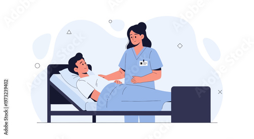 Nurse caring for patient in hospital bed, medical illustration