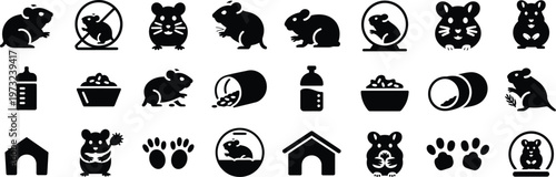 silhouette hamster pet icons set. animal, rodent, food, cage, paw vector illustration