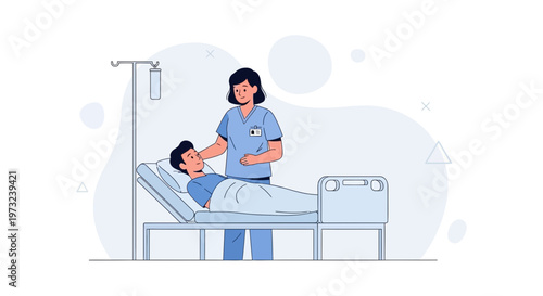 Nurse Caring for Patient in Hospital Bed with IV Drip - Medical Illustration