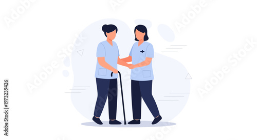 Nurse Helping Elderly Woman Walk With Cane, Medical Care, Support