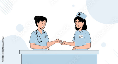 Two nurses in blue uniform discussing at a reception desk, healthcare concept