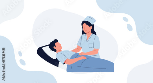 Nurse caring for patient in hospital bed, medical illustration