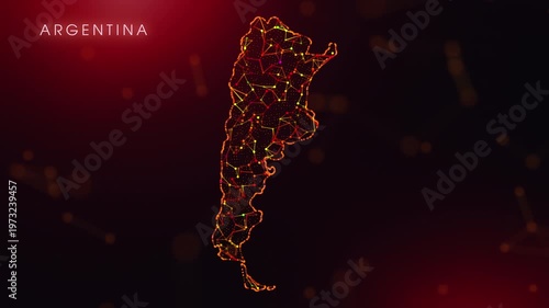 A dynamic motion video showcasing the Argentina country border through a colorful plexus reveal. Glowing red and orange dots represent high-tech data communication and global digital networks.