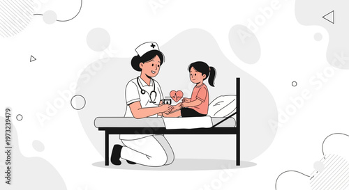 Nurse checks child's pulse in hospital bed, illustration