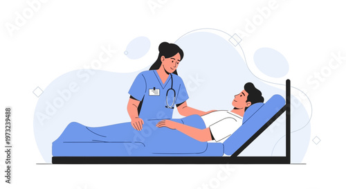 Nurse caring for patient in hospital bed, illustration