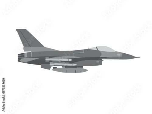 Flat stealth fighter jet side view, angular wings, modern military design, minimal gray vector style