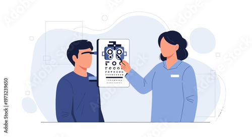 Optometrist examining patient's eyes with eye chart and phoropter in clinic