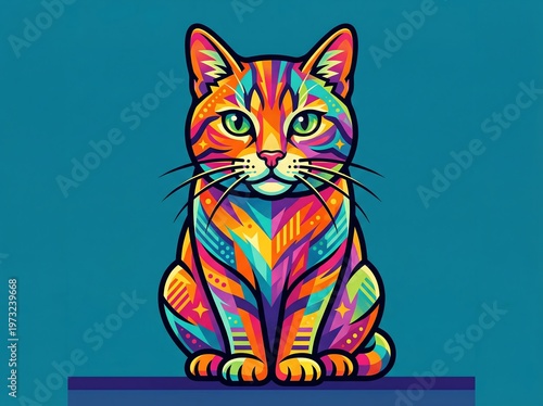 Colorful Pop Art Cat Illustration on Blue Background