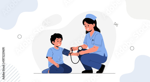Nurse checking child's blood pressure, medical check-up, healthcare concept