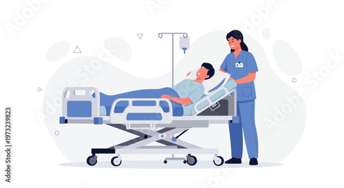 Nurse caring for patient in hospital bed, medical care and support illustration
