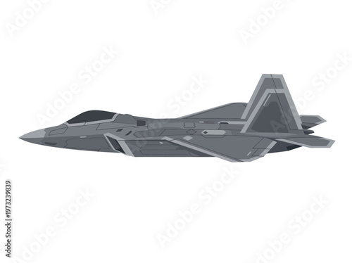 Flat stealth fighter jet side view, angular wings, modern military design, minimal gray vector style