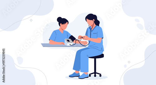 Nurse checking patient's blood pressure with digital monitor, medical checkup illustration