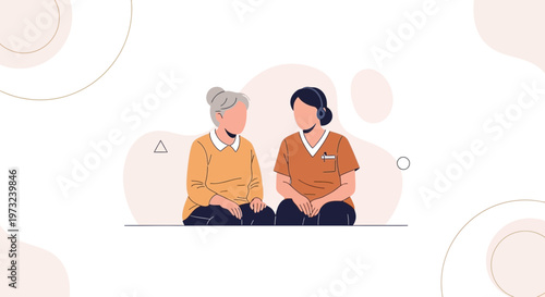 Elderly woman and caregiver talking, illustration, healthcare, support, companionship