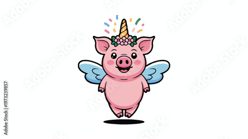 Cute cartoon pig with a unicorn horn and wings smiling happily