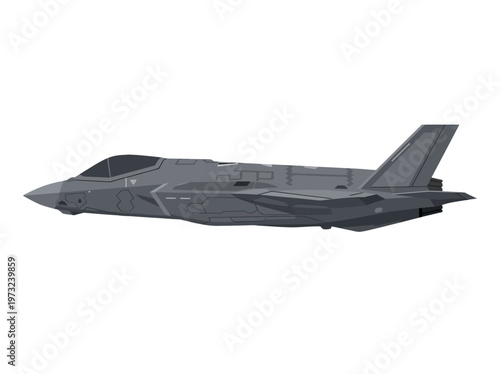 Flat stealth fighter jet side view, angular wings, modern military design, minimal gray vector style