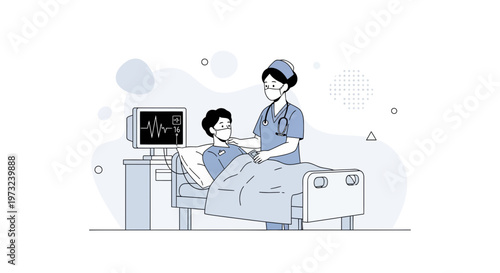 Nurse caring for patient in hospital bed with vital signs monitor
