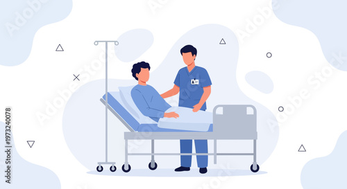 Nurse Caring for Patient in Hospital Bed with IV Drip Stand