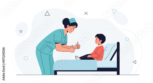 Nurse Giving Thumbs Up to Young Patient in Hospital Bed